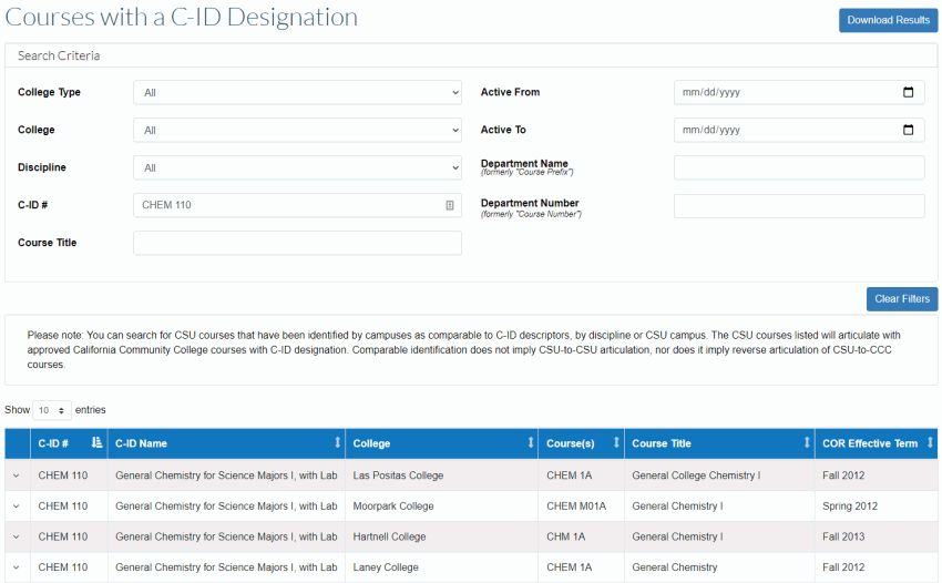 Viewing courses associated with a C ID