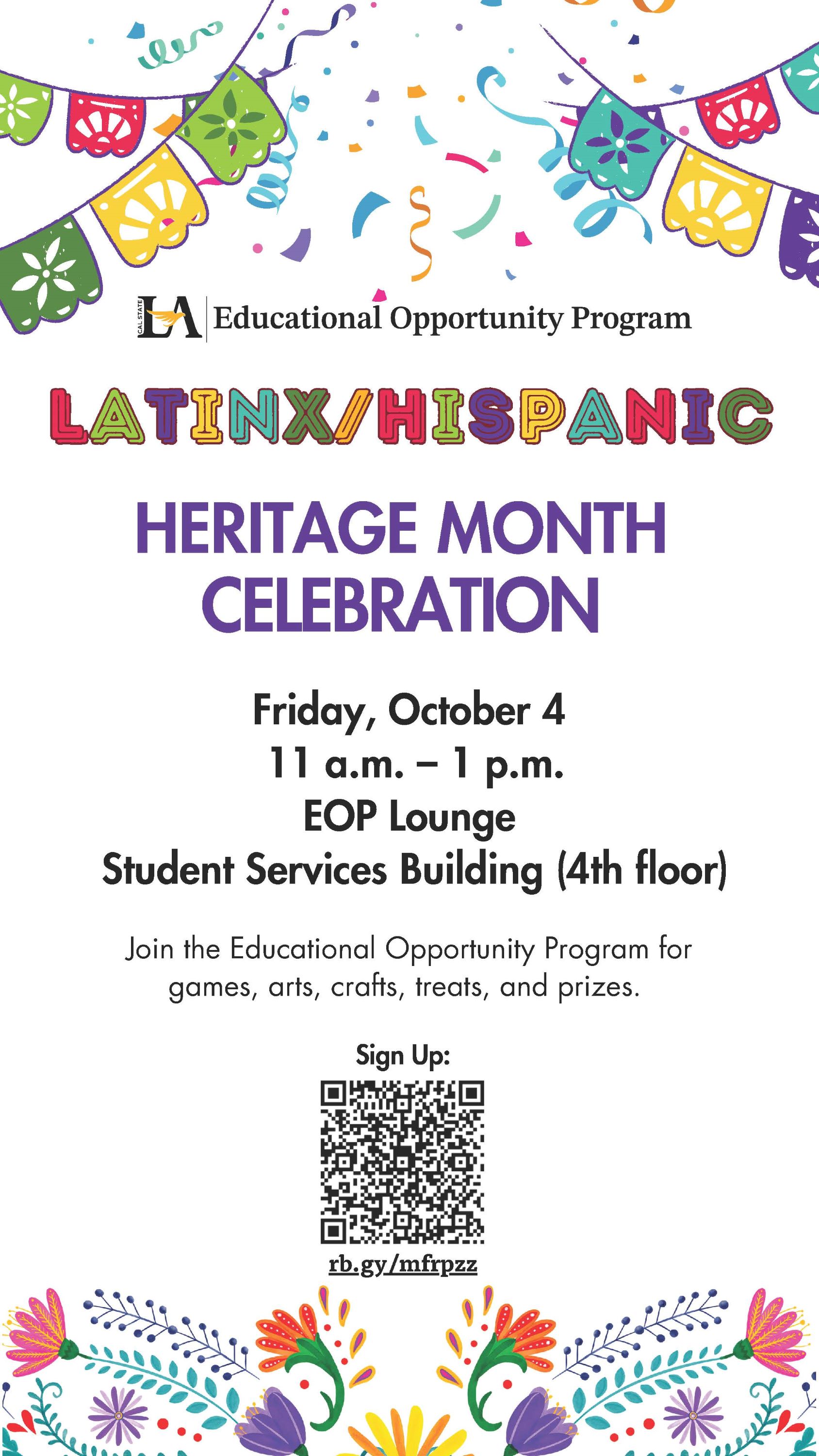 White background with colorful banners and text "Educational Opportunity Program Latinx/Hispanic Heritage Month Celebration," event information, and registration QR code