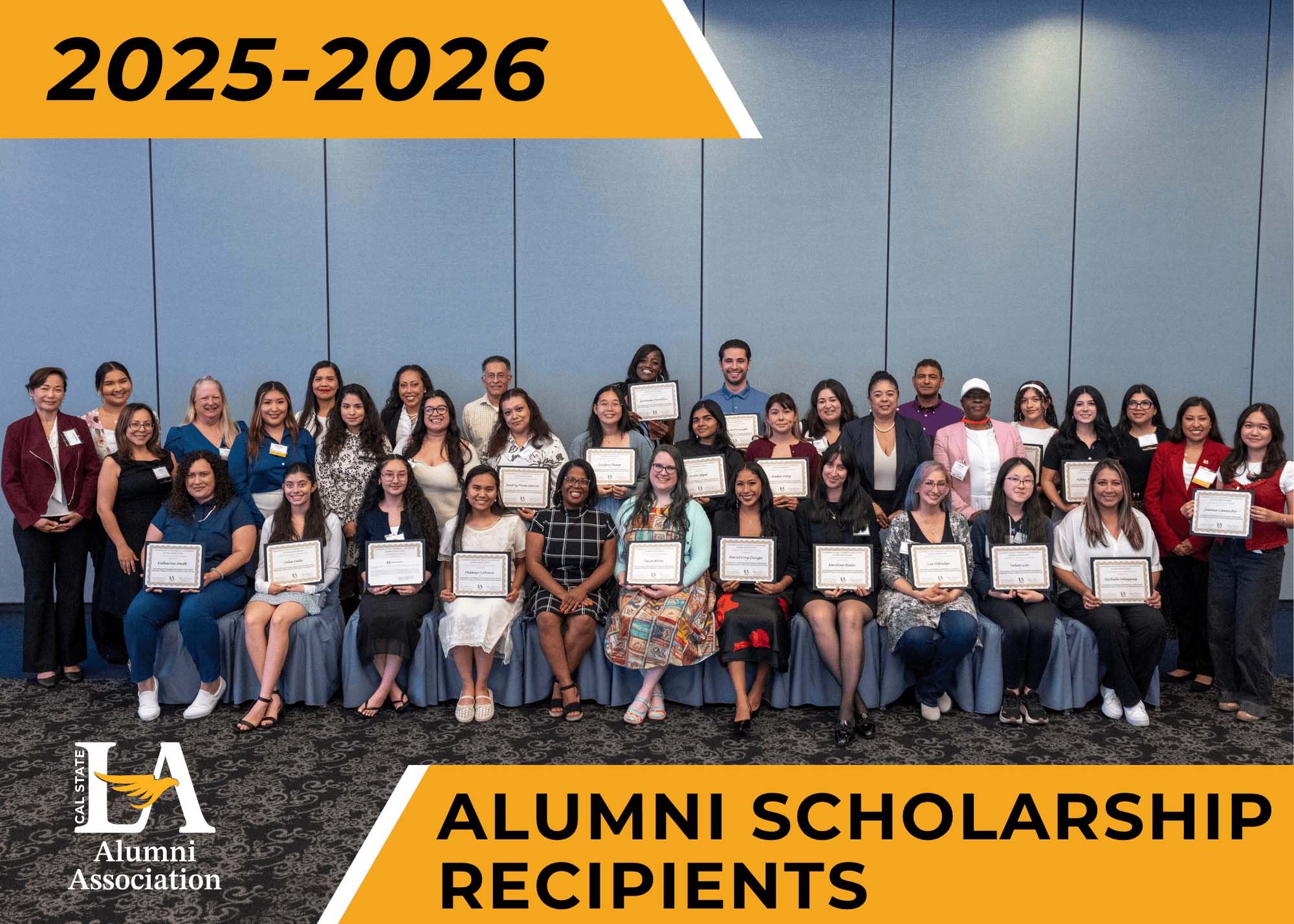 2025 2026 alumni scholarship recipients. a group of about 40 posing