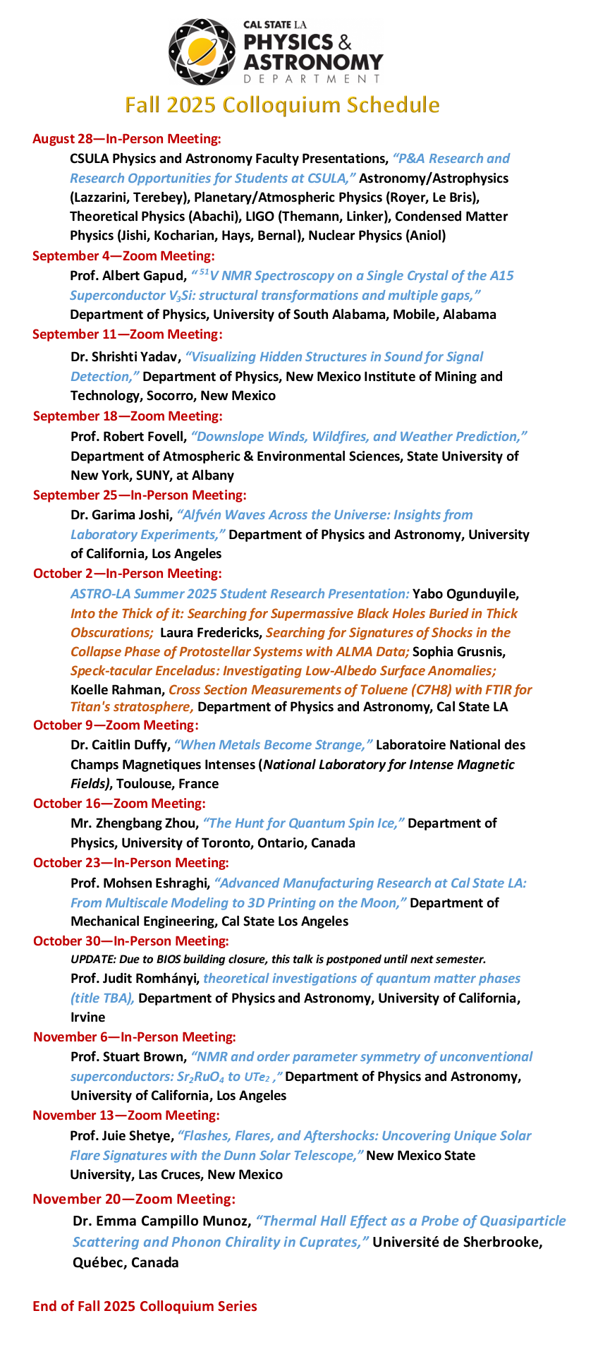 Fall 2025 Colloquium Schedule for the Department of Physics and Astronomy