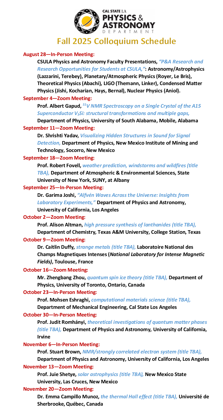 Fall 2025 Physics and Astronomy Colloquium Schedule