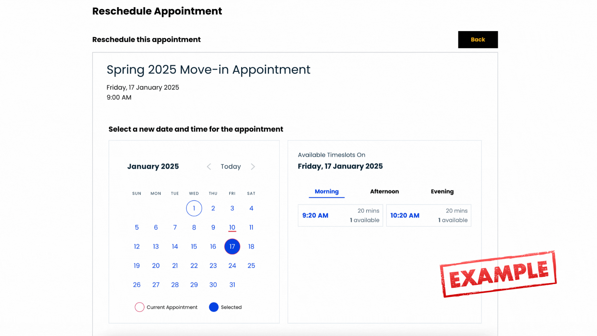 Spring 2025 Move-In Appointment Time reschedule example. 