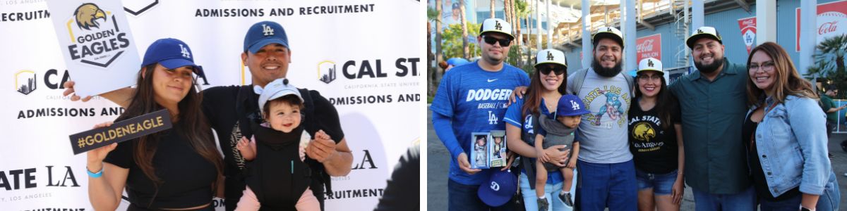 Two photos: one with couple parents and newborn baby, other photo of group of people 