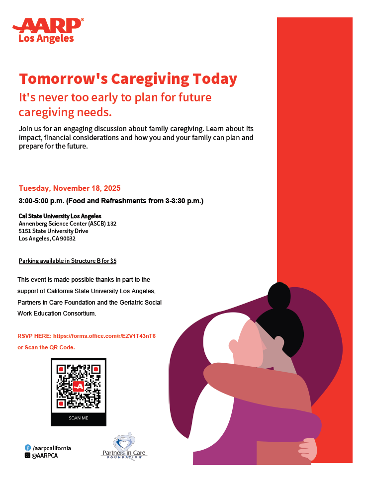 White and red flyer informing viewers of event. There are two people hugging on the bottom right corner of the flyer.