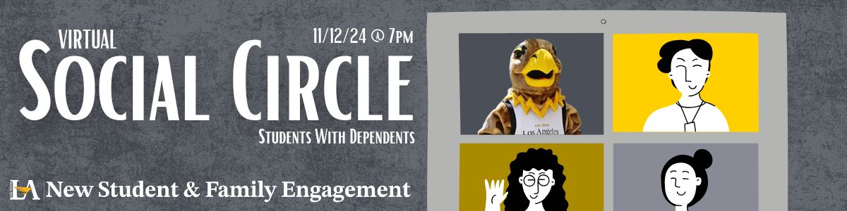 Event Flyer, Virtual Social Circle text, New Student and Family Engagement office logo, four squares with caricatures in each, including Eddie the eagle