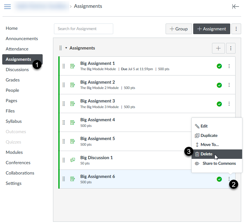 Deleting an assignment in Canvas