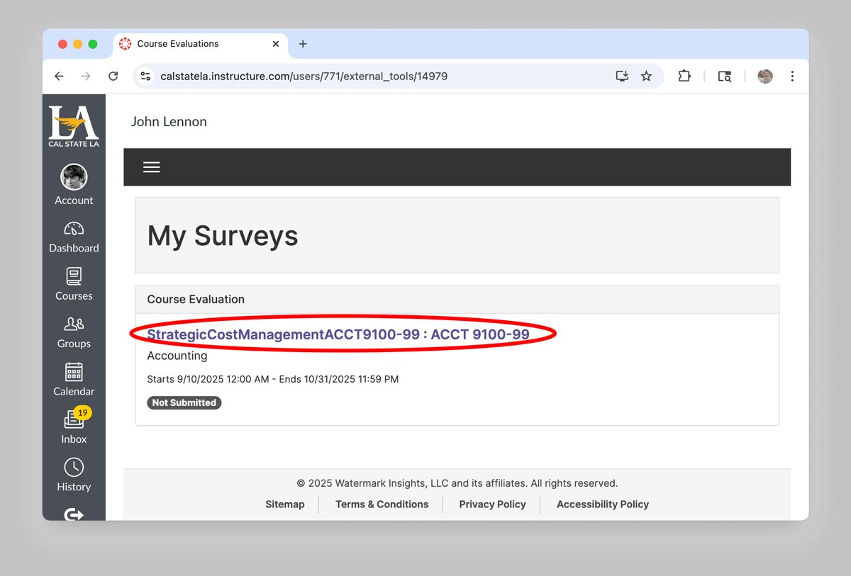 Screenshot of the Cal State LA Canvas “My Surveys” page showing a course evaluation link for Strategic Cost Management ACCT 9100-99, highlighted with a red oval.