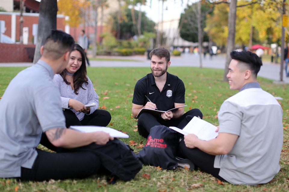 students sitting on campus lawn