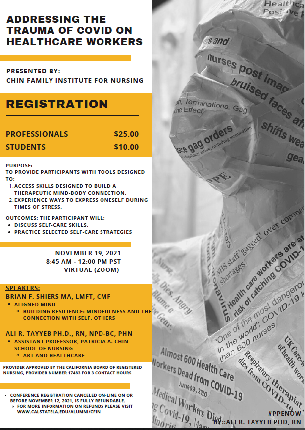 Left to right: Addressing the Trauma of COVID on Healthcare Workers with event details in gold, white, and black. Right: paper mache 