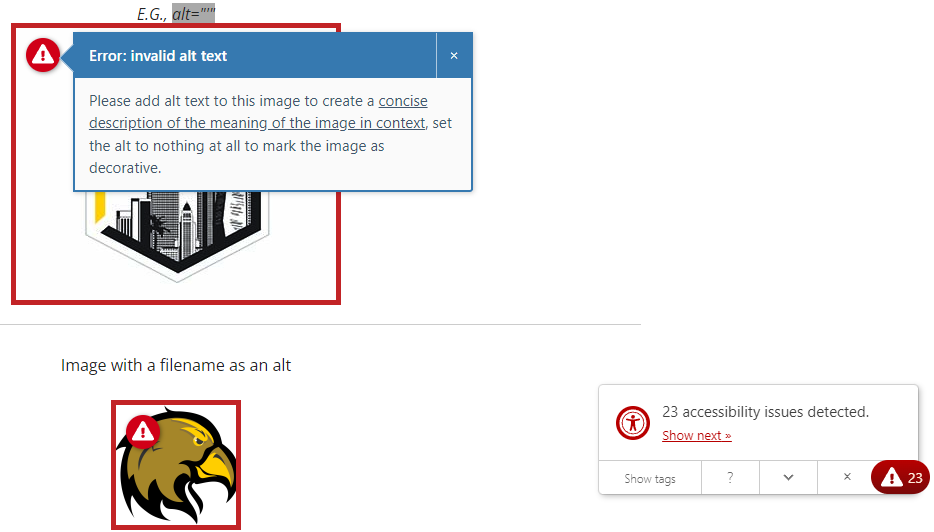 Editoria11y Control Panel showing errors for alt-text