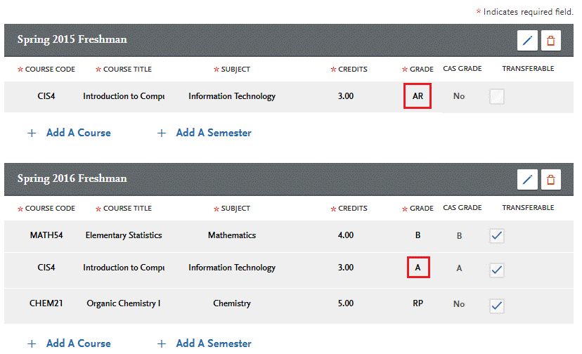 Enter AR repeat courses