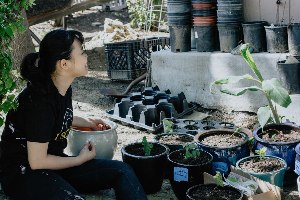 Students resting after working on the garden