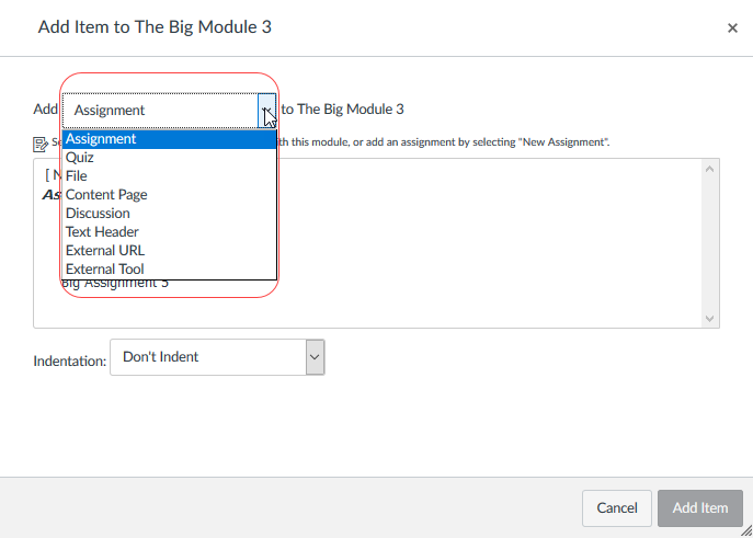 Types of content that can be added to a module