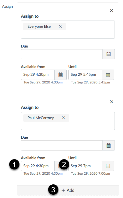 The assign-to blocks in Canvas quiz settings, showing the available from time, the until time, and the button to add a new assign-to block.