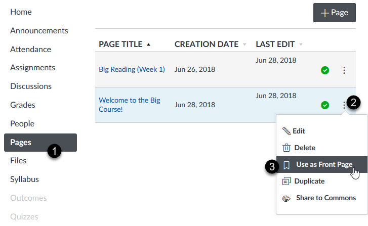 Setting a page as the front page in Canvas