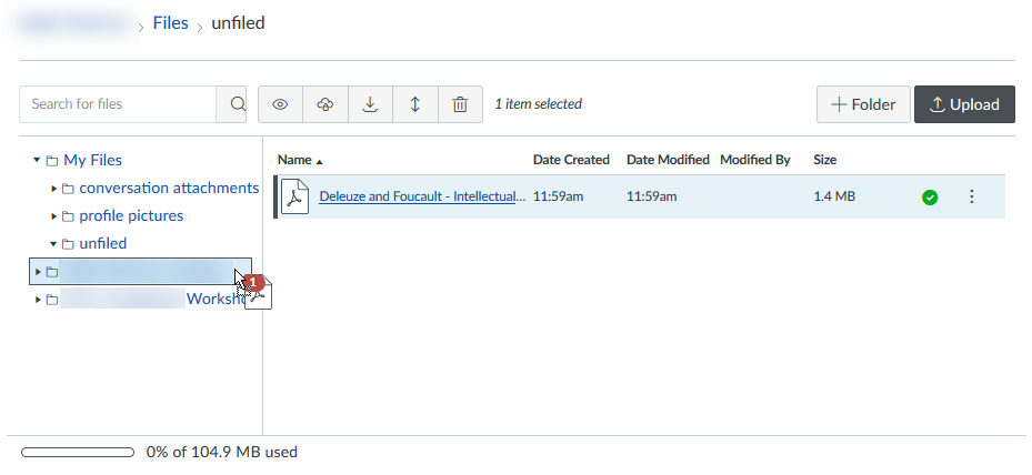 Dragging a file from personal folders to course folders