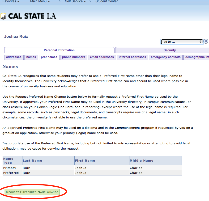 Screenshot of Preferred First Names screen with Request Preferred First Name Change button highlighted