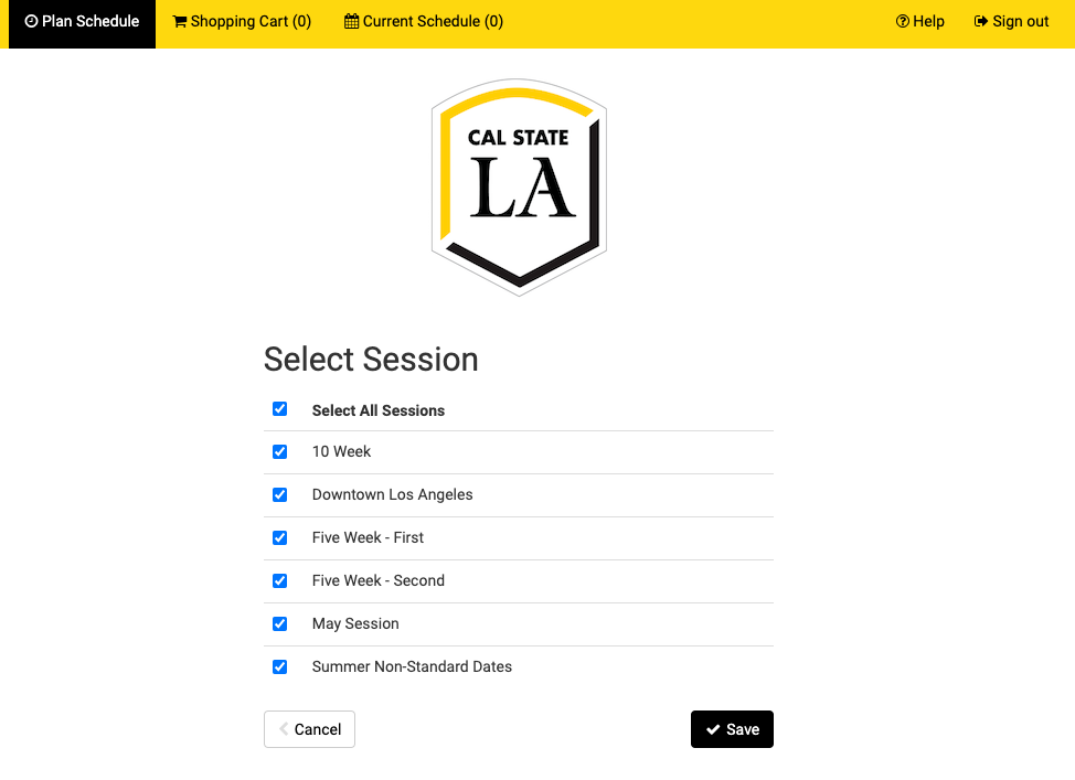 Screenshot of Schedule Planner with header Select Session.  This shows options to change term session.