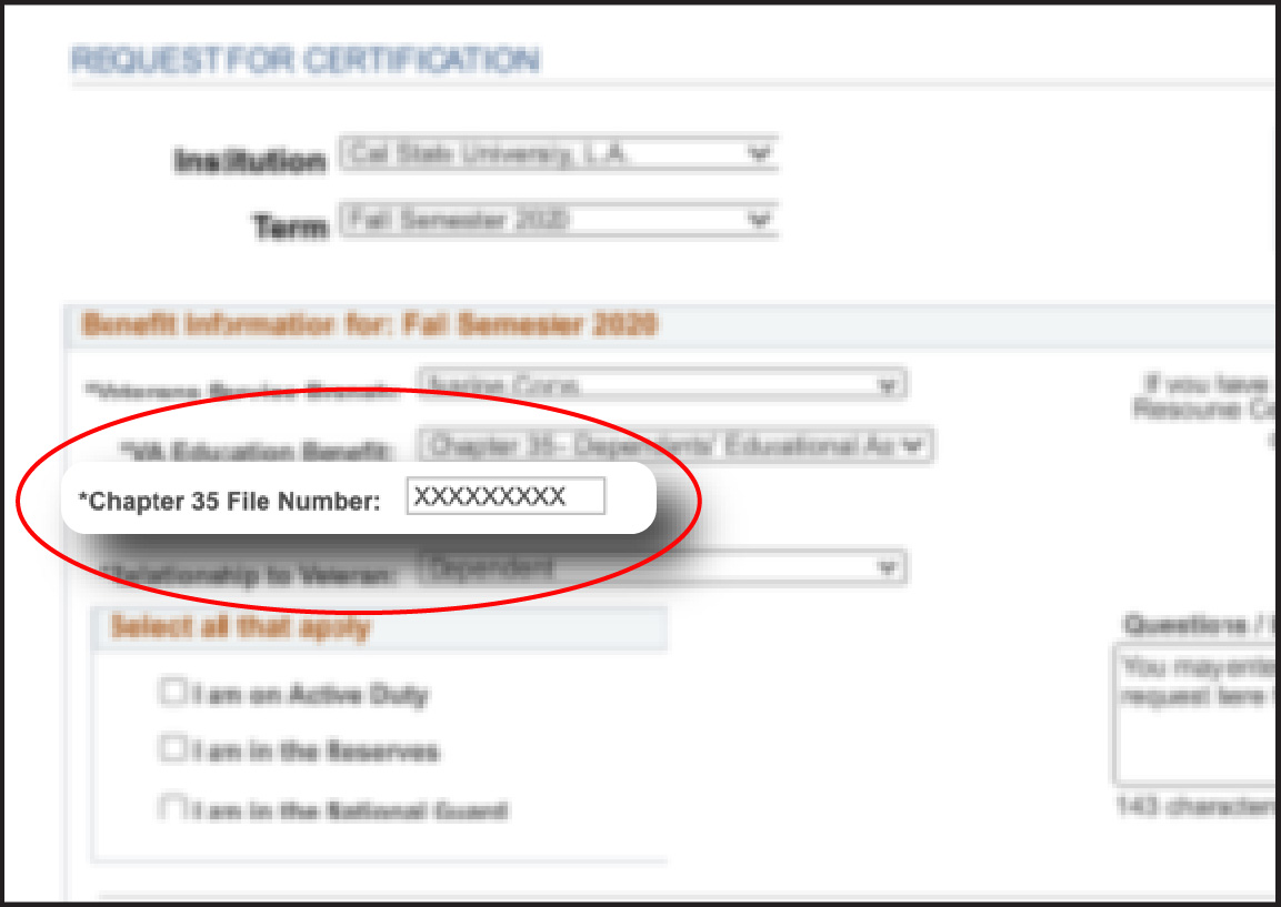 Online form, circle around "Chapter 35 File Number" 