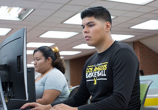 students at library looking at computer screen