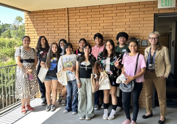 Intern group photo on the balcony of the Department of TV, Film, & Media Studies building with Program Manager Maya Mackrandilal, Coordinator Jessica Delgadillo, and Dr. Weiss. (from left to right)