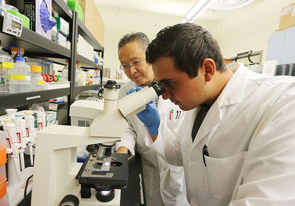 Professor and student in bioscience lab