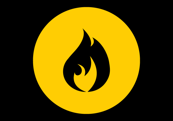 flame illustration in yellow circle black back