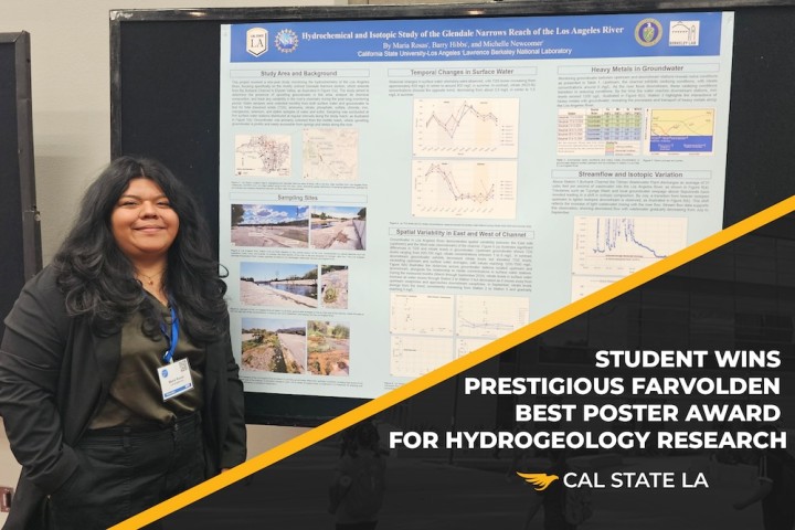 Maria Rosas stands next to her award-winning research poster titled 'Hydrochemical and Isotopic Study of the Glendale Narrows Reach of the Los Angeles River' at the National Ground Water Association meeting.