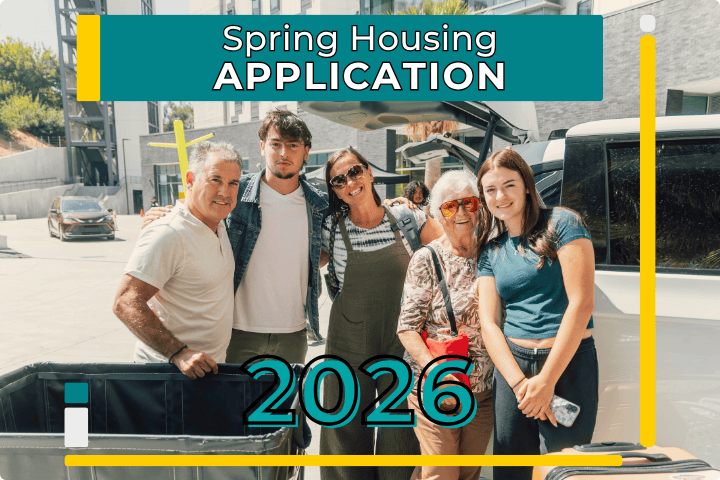 Spring Housing Application 2026. A family smiling in front of Housing during Move-In.