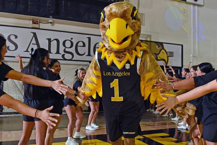 Eddie the Golden Eagle running through two lines of drill team members slapping their hands.