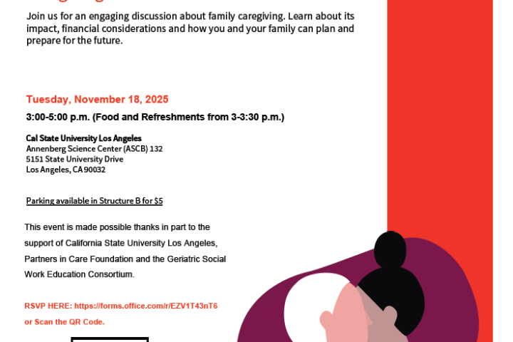 White and red flyer informing viewers of event. There are two people hugging on the bottom right corner of the flyer.