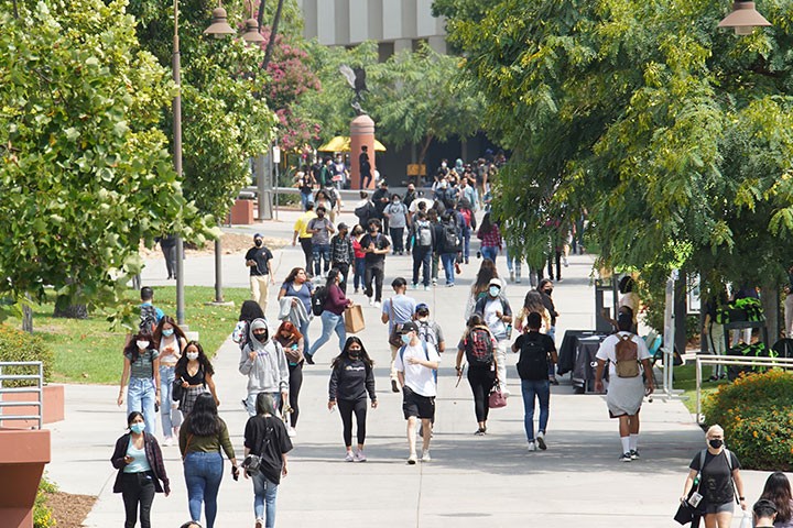 Students walking on the main walkway