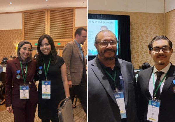 Cal State LA students and faculty attend the 2025 Great Minds in STEM conference, wearing medals and badges recognizing their academic and research achievements.