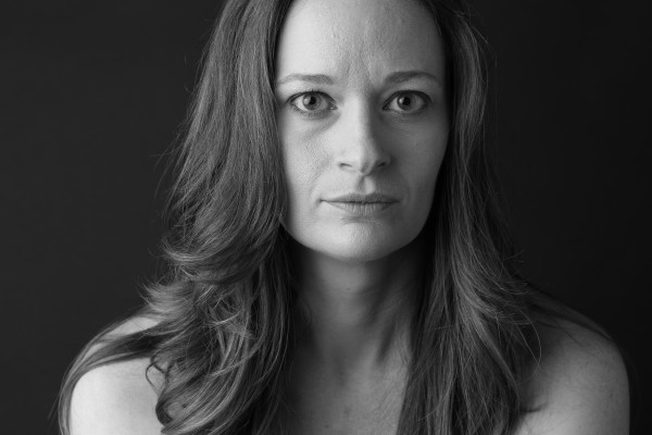 black and white photo of woman with brown hair