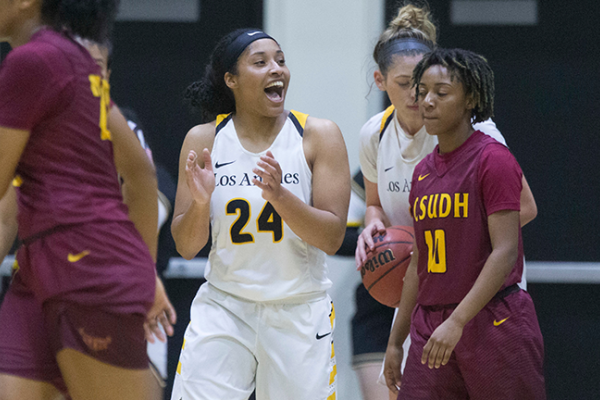 Image of the Cal State LA women's basketball team on the court mid-game. 