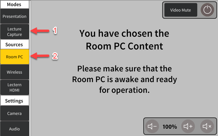 Touch panel home screen with Lecture Capture mode and Room PC source selected