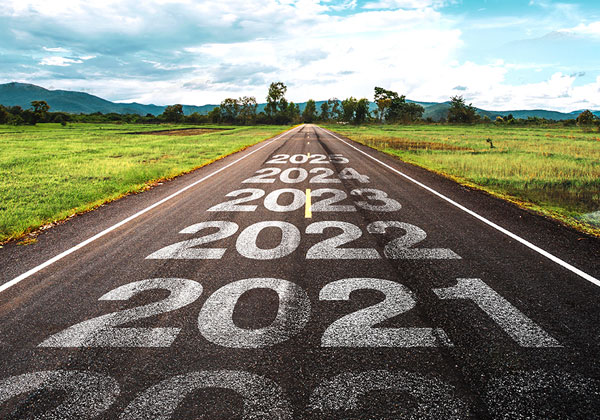 A road with numbers of years painted on it.